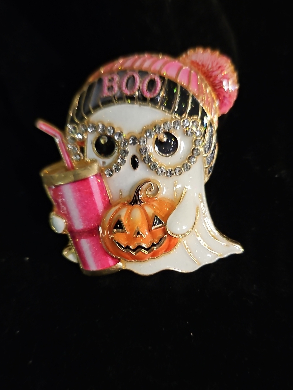 Girls' Pink Ghost Halloween Pin Brooch with Pumpkin and Drink